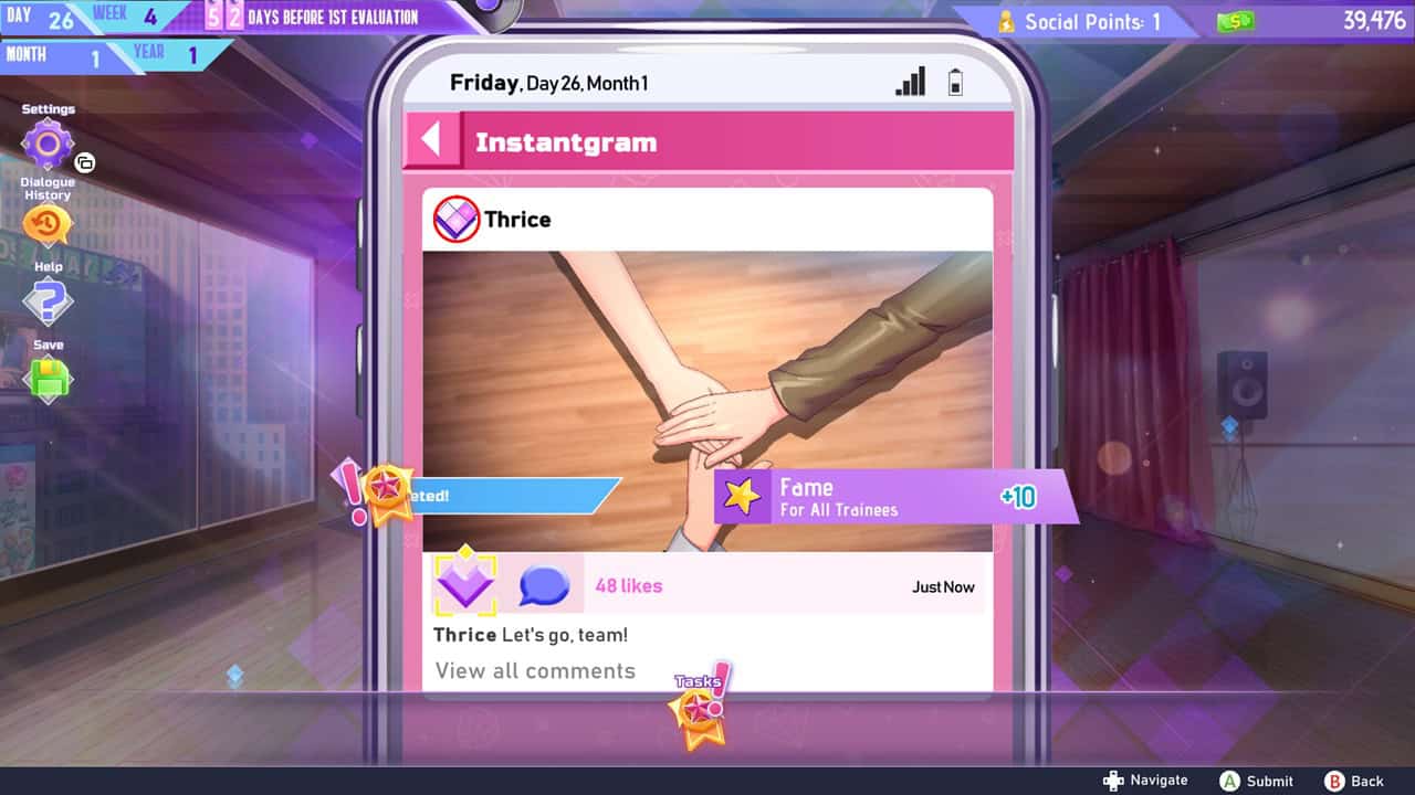 K-pop Idol Stories_ Road to Debut-Instantgram | The Outerhaven In-game social feed showing an Instagram-style post by Thrice with hands joining in a circle of friendship.