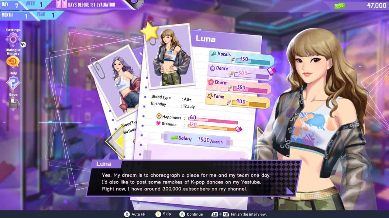 K-pop Idol Stories_ Road to Debut-Recruitment | The Outerhaven Character profile screen for Luna in a colorful game, showing her stat bars (Vocals 350, Dance 500, Charm 350, Fame 400) and a dialogue box with her quote.