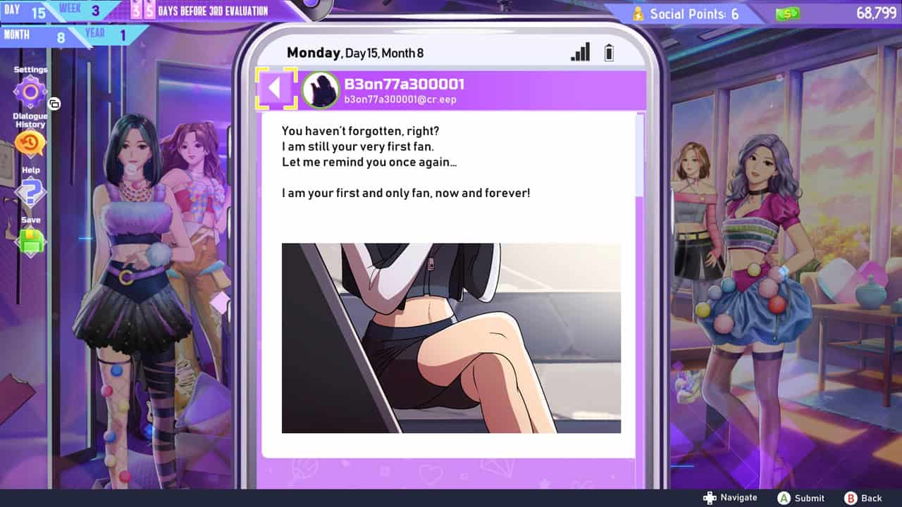 K-pop Idol Stories_ Road to Debut- Story | The Outerhaven In-game chat panel with a fan message and a drawing of a character's crossed legs wearing a black skirt, shown on a purple-clad phone screen in a colorful game scene.