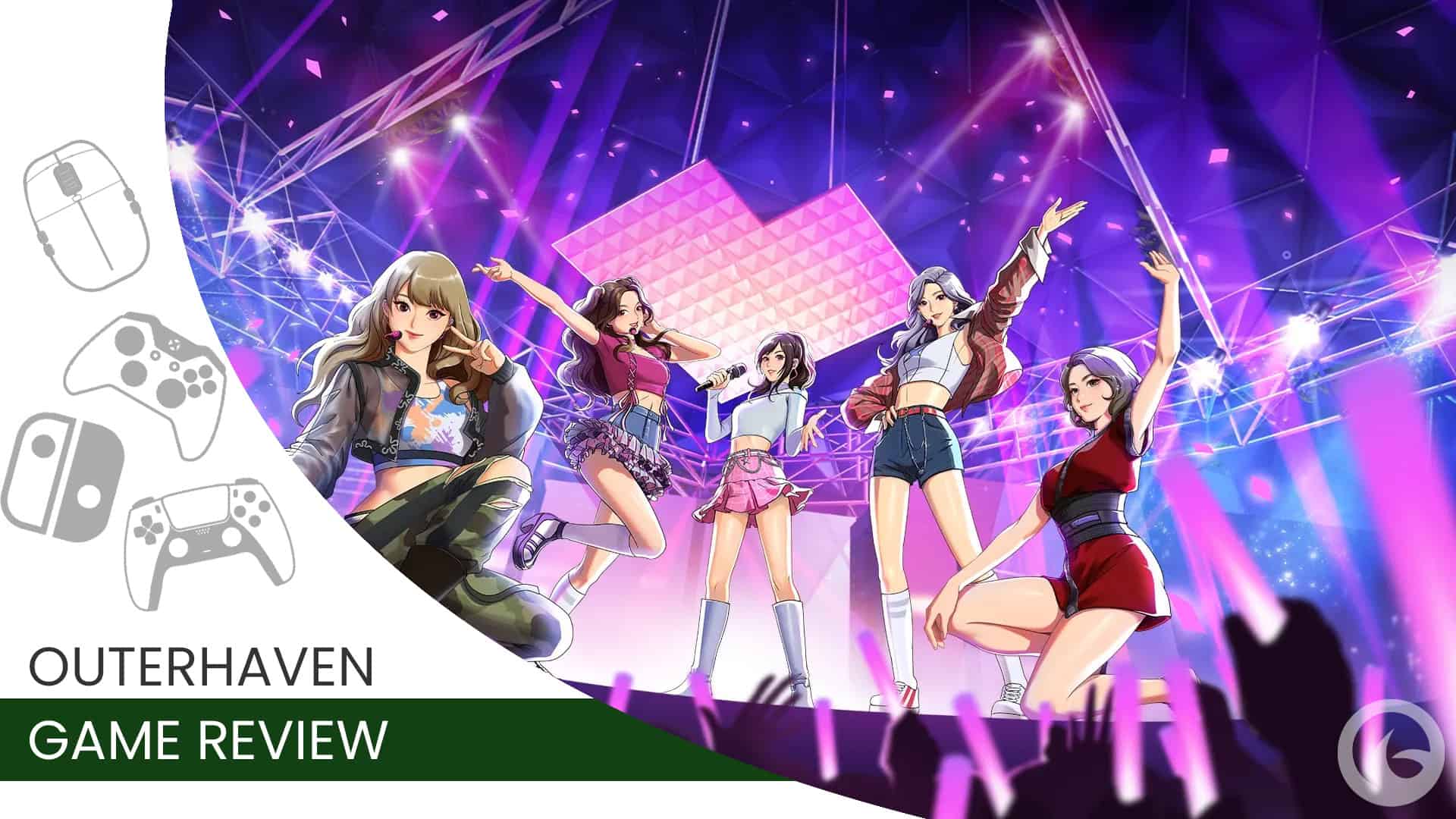 KISS FI | The Outerhaven Illustrated girl group performing on a neon-lit stage with purple lights; left edge shows faint game icons and the text 'Outerhaven Game Review'.