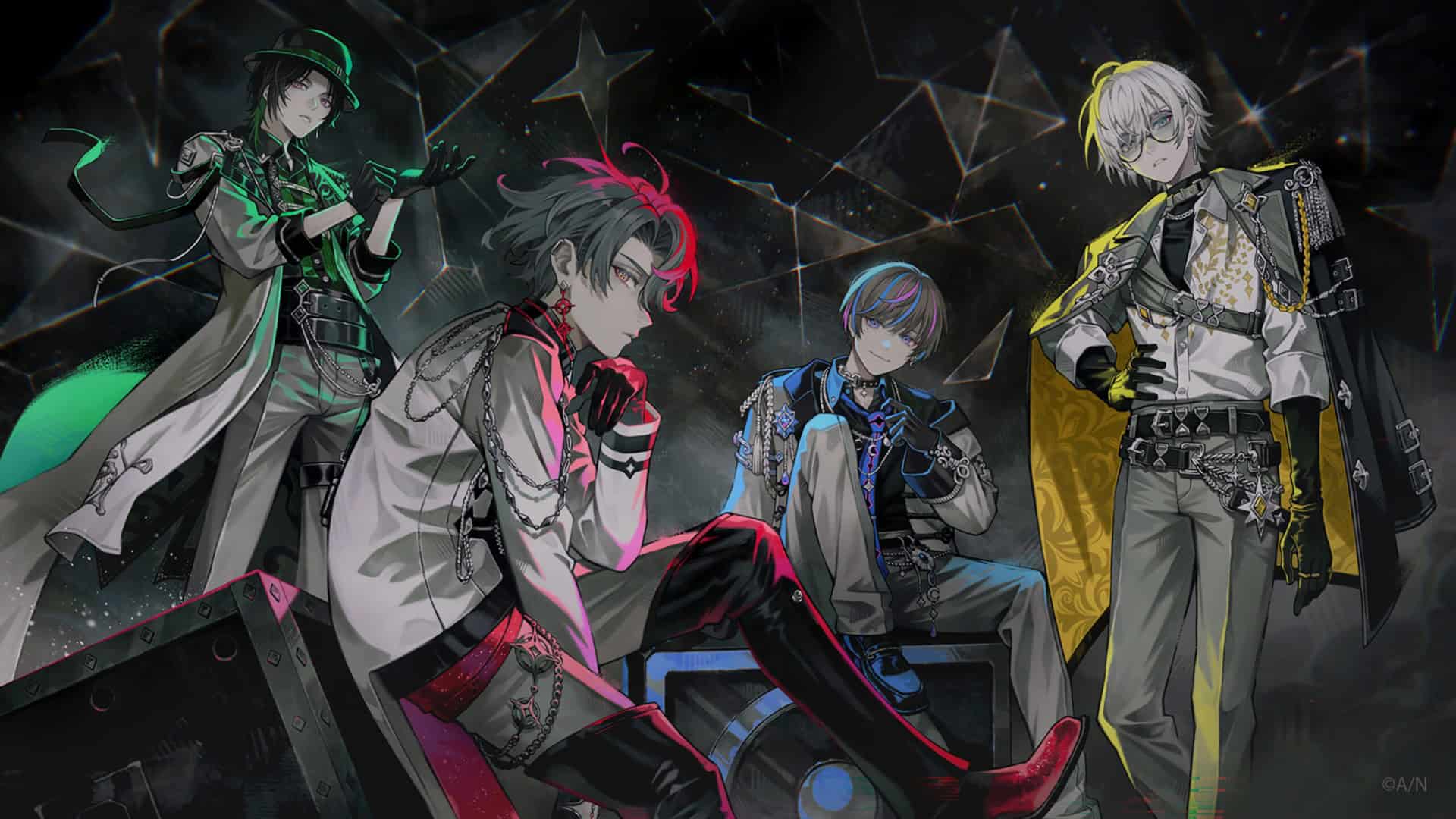 By the Beat | The Outerhaven Four stylish male anime characters in neon-accent outfits posing against a dark geometric backdrop.