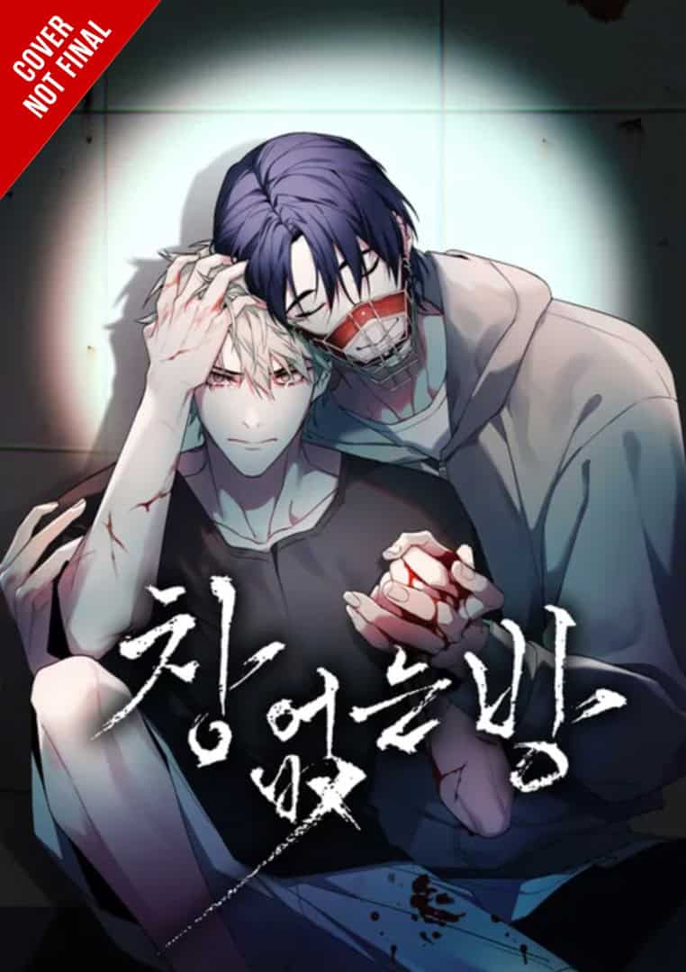 Legroom CNF | The Outerhaven Two pale male characters close together in a dark, dramatic cover; one with blue hair leans on the other who has white hair and visible injuries, both in a bloody, tense pose, with stylized Korean text across the front and a red corner label.