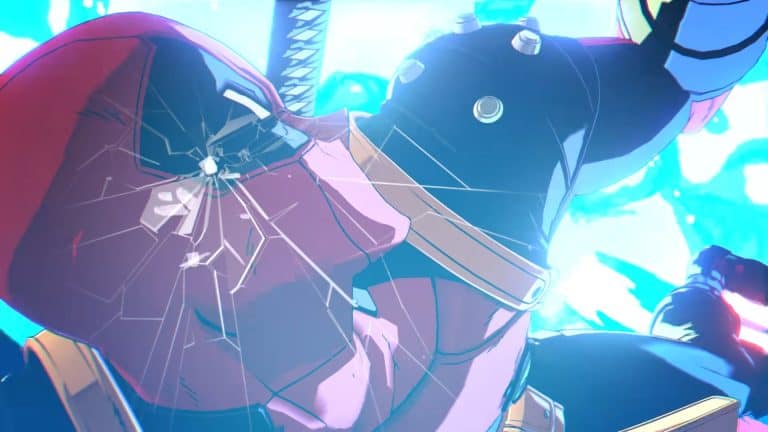MARVEL Tōkon_ Fighting Souls - Deadpools face breaks the screen | The Outerhaven Intense action shot of a character in armor smashing through glass with bright cyan lighting and shards flying.