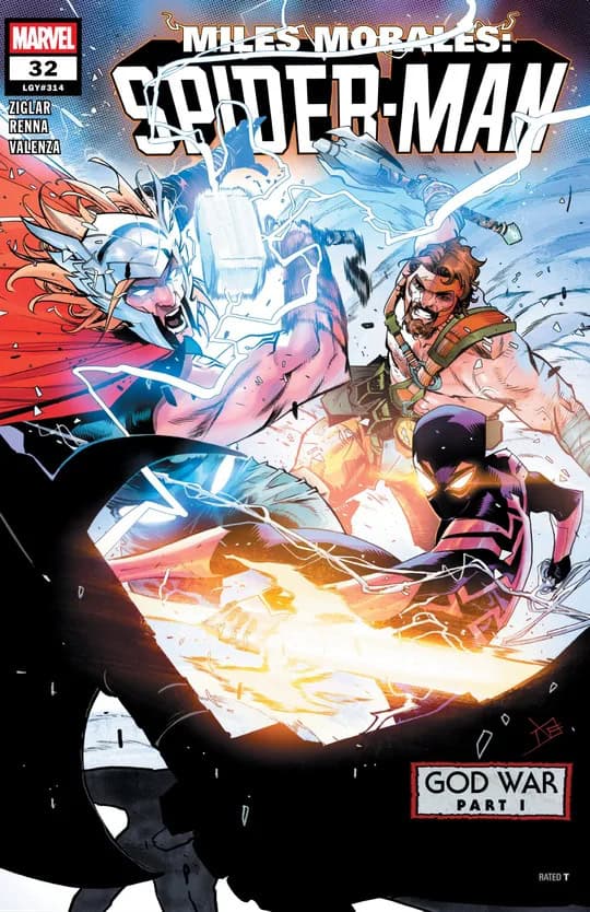 Miles Morales_ Spider-Man 2022 | The Outerhaven Comic book cover: Miles Morales: Spider-Man battling two foes amid lightning and energy effects, with 'God War Part I' label.