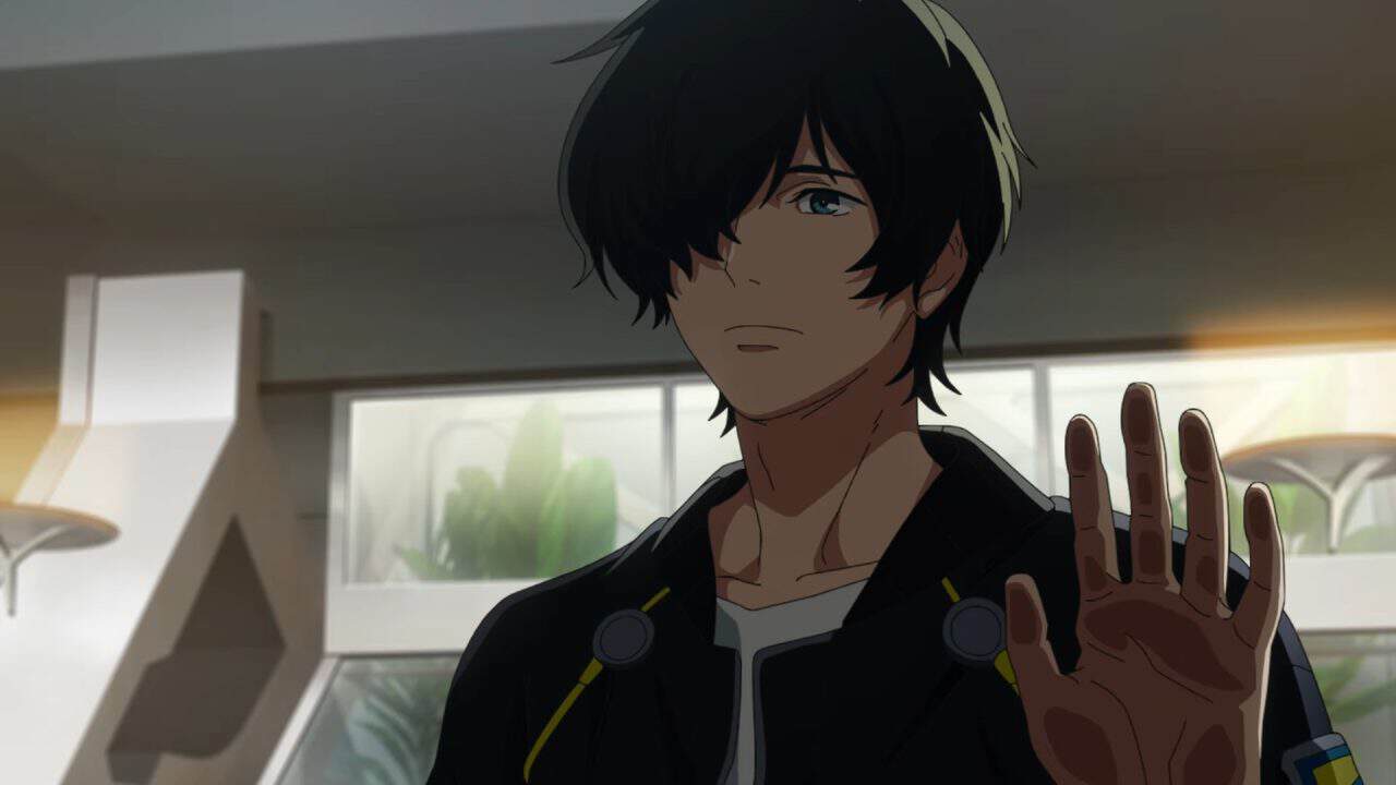 _Mobile Suit Gundam RG XARX-ZERO_ Teaser 0-23 screenshot | The Outerhaven Anime-style young man with dark hair raises his hand in a stopping gesture inside a bright room with large windows.