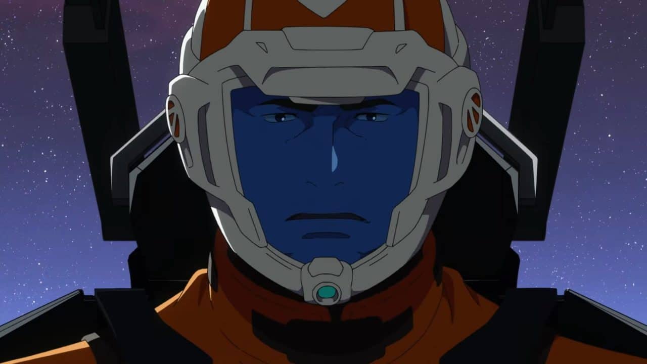 _Mobile Suit Gundam RG XARX-ZERO_ Teaser 0-47 screenshot | The Outerhaven Close-up of a blue-skinned astronaut wearing a white helmet inside a spacecraft, with a starry space backdrop.