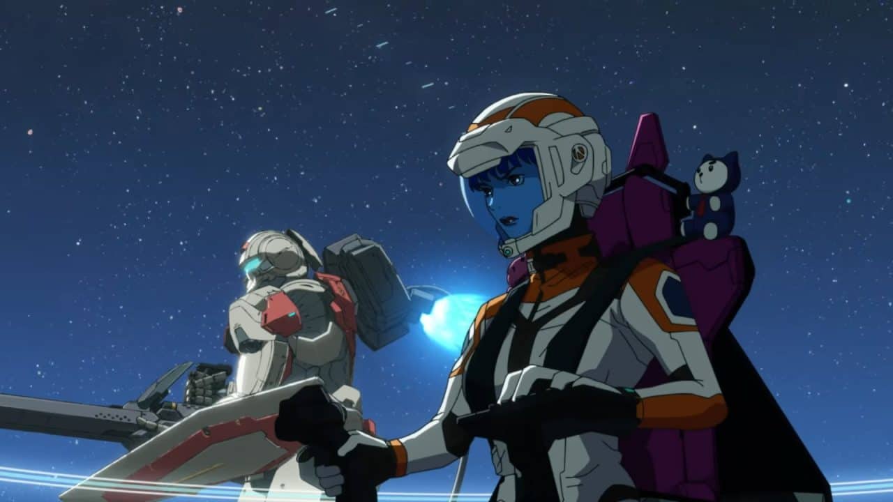 _Mobile Suit Gundam RG XARX-ZERO_ Teaser 0-47 screenshot 2 | The Outerhaven Two armored astronauts stand on a sci‑fi craft at night, starry sky behind them, one with a white helmet and orange accents carrying a large weapon and a purple pack with a small teddy bear attached.