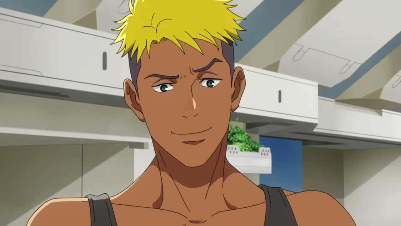 _Mobile Suit Gundam RG XARX-ZERO_ Teaser 0-48 screenshot 1 | The Outerhaven Animated, shirtless man with blond spiky hair and green eyes smiles in a modern indoor space (gym-like setting).