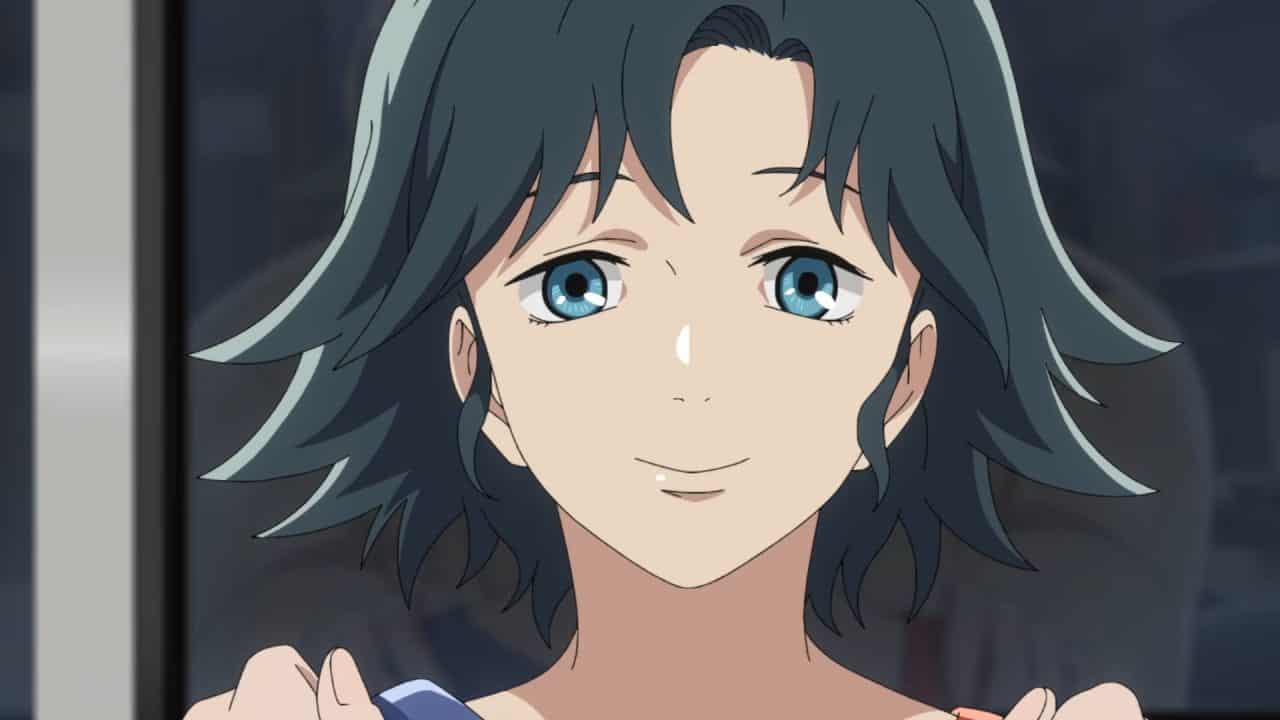 _Mobile Suit Gundam RG XARX-ZERO_ Teaser 0-48 screenshot 2 | The Outerhaven Close-up of a smiling anime girl with blue eyes and dark blue hair, looking through a window.