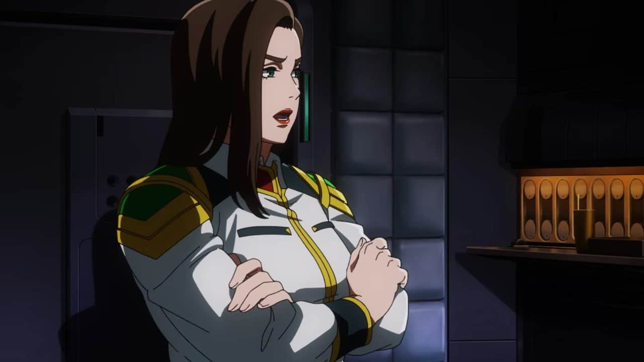 _Mobile Suit Gundam RG XARX-ZERO_ Teaser 0-49 screenshot | The Outerhaven Animated female character in a white-and-gold military uniform sits in a dim room, arms crossed, looking concerned or defiant.
