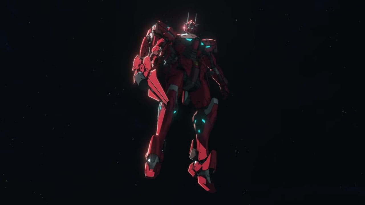 _Mobile Suit Gundam RG XARX-ZERO_ Teaser 0-50 screenshot 1 | The Outerhaven Red sci‑fi mecha standing in deep space, glowing teal highlights along its armor.