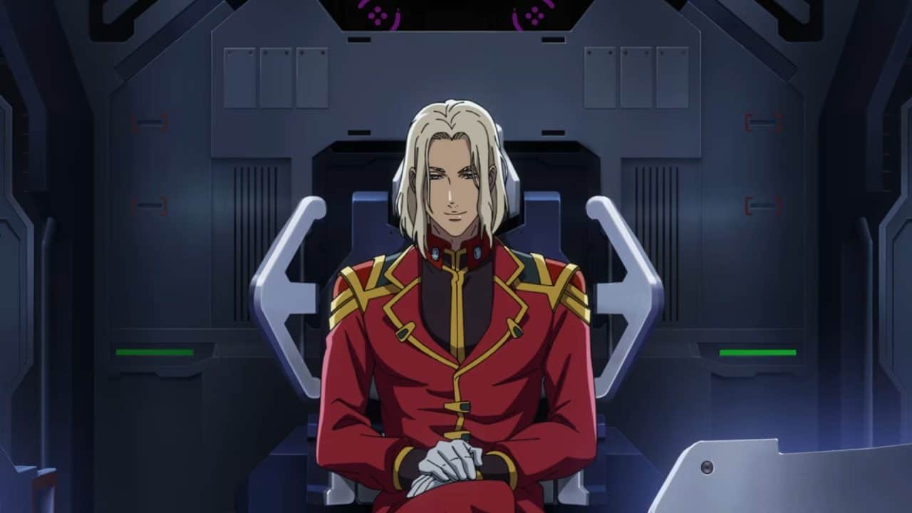 _Mobile Suit Gundam RG XARX-ZERO_ Teaser 0-50 screenshot | The Outerhaven Anime character with long blond hair sits in a high-tech cockpit, wearing a red and gold military-style uniform, hands folded in lap.