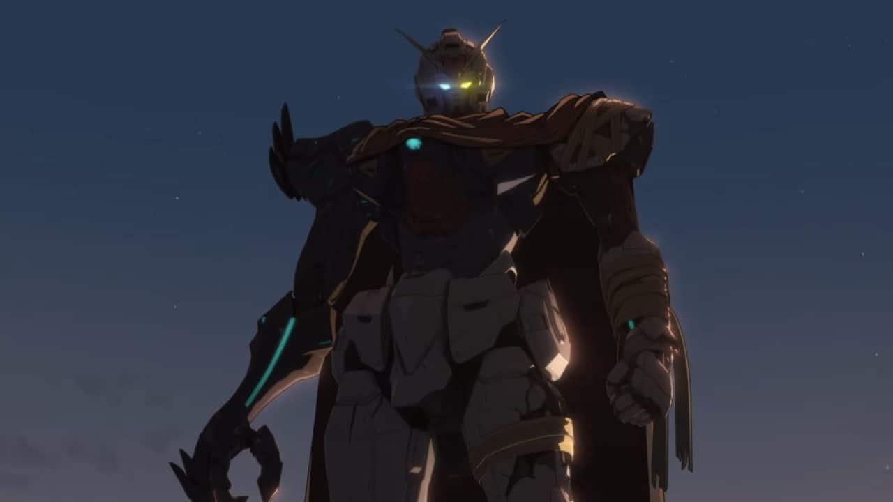 _Mobile Suit Gundam RG XARX-ZERO_ Teaser 1-14 screenshot | The Outerhaven Giant armored robot stands in a dark night scene, glowing blue and yellow lights on its head and chest, viewed from below.