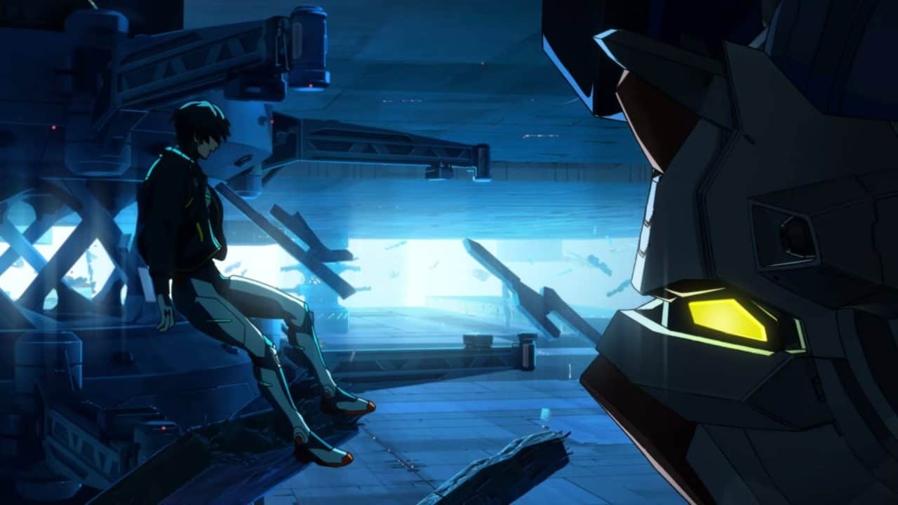 _Mobile Suit Gundam RG XARX-ZERO_ Teaser 1-4 screenshot | The Outerhaven A person in a futuristic suit sits on debris as a large armored robot looms nearby in a blue-lit sci‑fi scene with wreckage all around.