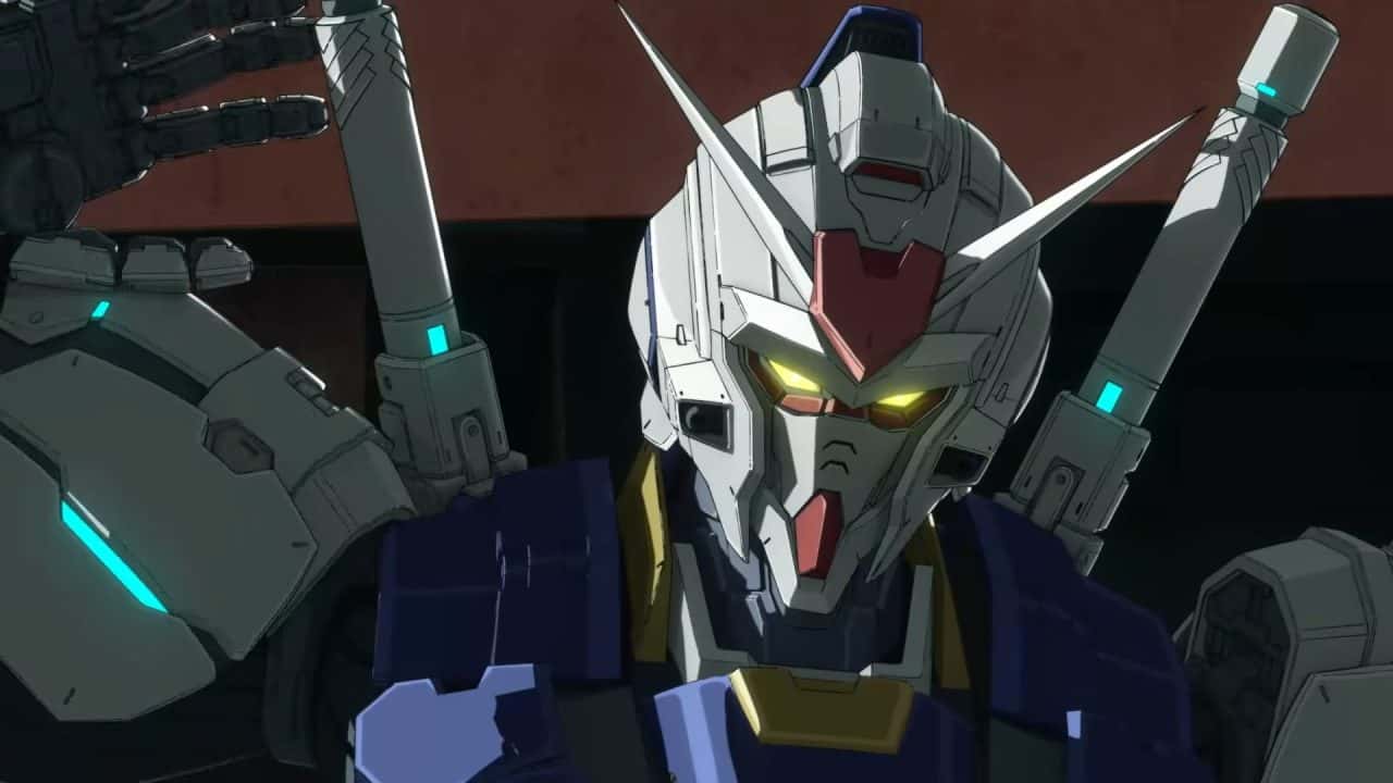 _Mobile Suit Gundam RG XARX-ZERO_ Teaser 1-6 screenshot | The Outerhaven Close-up of a Gundam-style mecha with glowing yellow eyes, white armor, blue accents, and twin swords on its back, in a battle-ready pose.