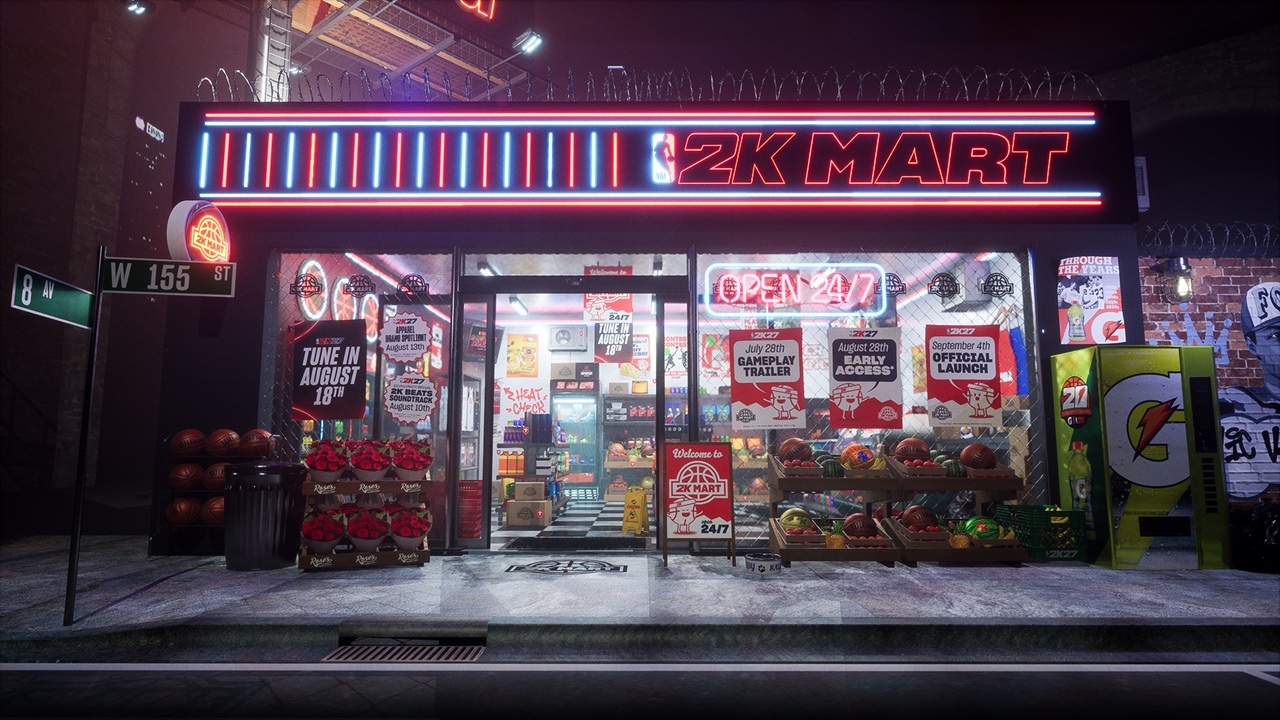 NBA 2K27 Announcement Roadmap | The Outerhaven Neon-lit ZK MART storefront at night with glass doors, posters, and fruit crates outside the entrance.