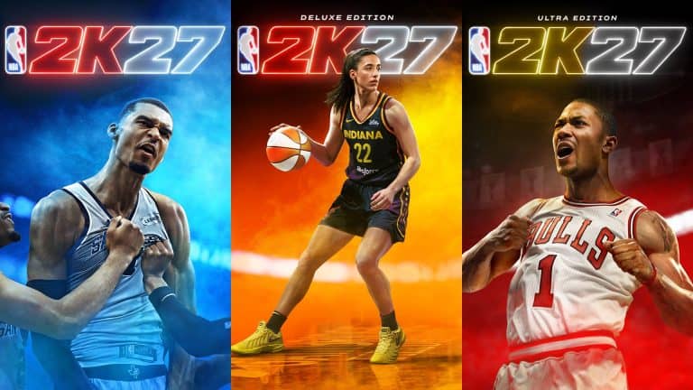 NBA 2K27 Game Reveal – Women Finally In The Park Triptych cover image for NBA 2K27 Deluxe Edition with three players in blue, orange, and red panels and a neon logo above them.