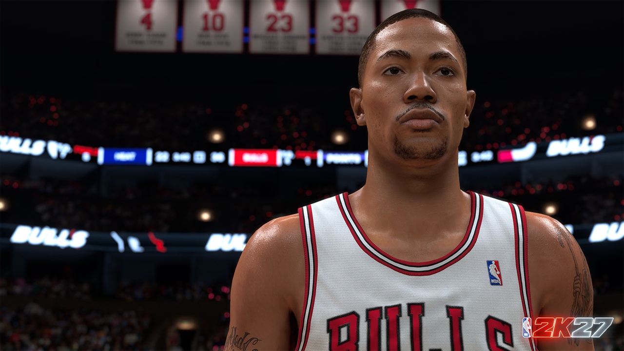 NBA 2K27 First Look Screenshots Derrick Rose 1 Close-up of a Bulls basketball player in a white jersey on a basketball court with arena lights in the background.