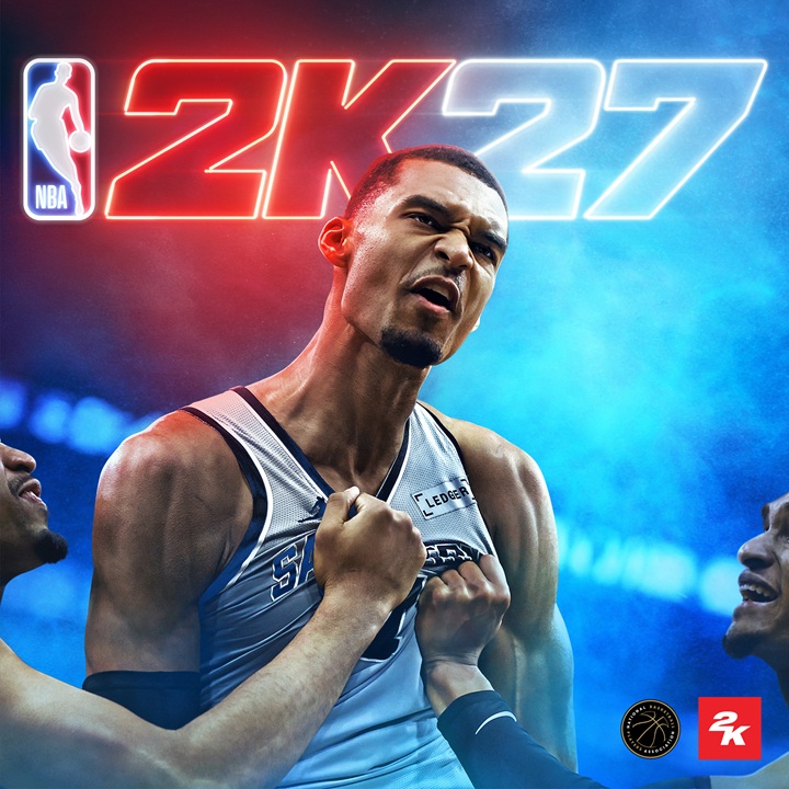 NBA 2K27 Standard Edition | The Outerhaven Basketball player in a white jersey celebrating as teammates hold him; neon'2K23' logo and NBA emblem on a game cover.