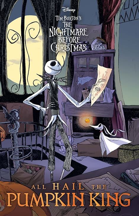 NBC_All Hail PK_SDCC Variant_Issue 1_Front Cover | The Outerhaven Poster for The Nightmare Before Christmas featuring Jack Skellington holding a paper in a dimly lit workshop, full moon in background, pumpkins and spooky decor visible.