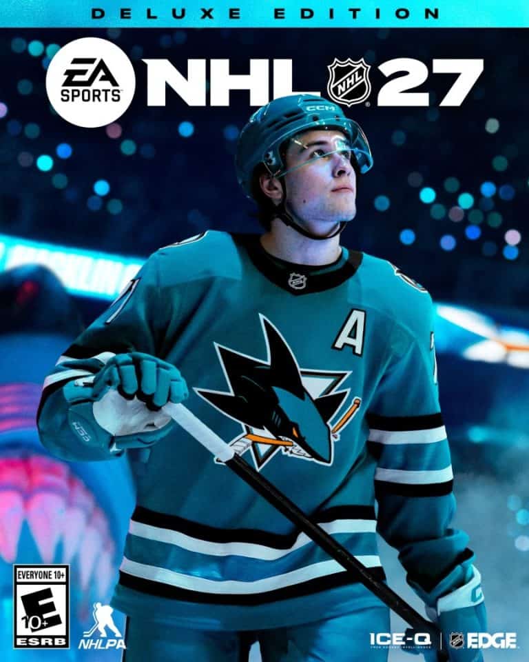 NHL_27_Deluxe_Cover | The Outerhaven Video game cover for NHL 27: a teal San Jose Sharks player in uniform, holding a hockey stick, with EA Sports logo at top.