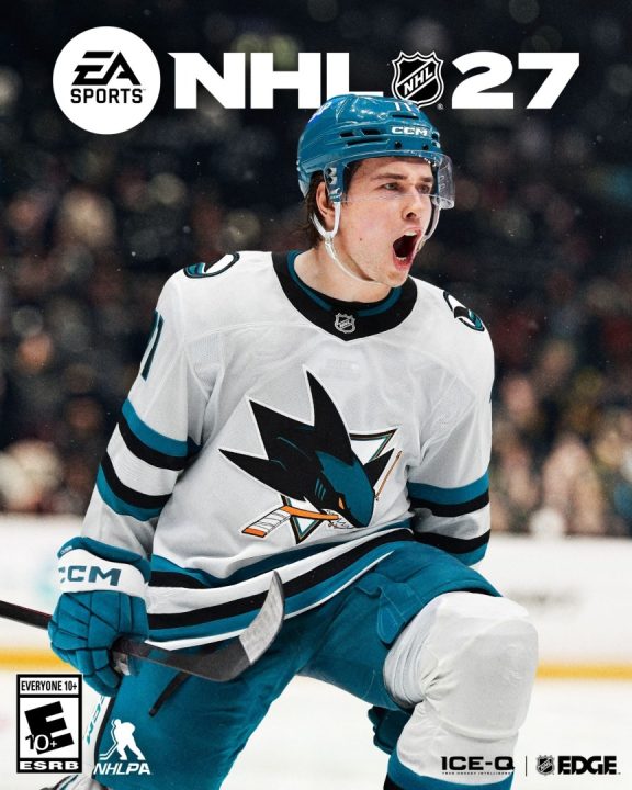 NHL_27_Standard_Cover | The Outerhaven Hockey player in a Sharks jersey celebrates on the ice; NHL 27 cover art with EA Sports logo above.