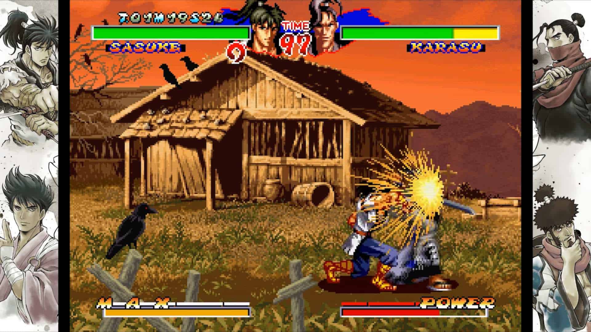 Ninja Masters Review - SNKs Forgotten Masterpiece Returns 3-35 screenshot | The Outerhaven Two martial artists duel in a pixel-art fighting game, punching as an explosion erupts near a wooden hut in a rural setting, with health bars at the top.