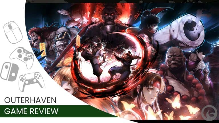 Ninja Masters Review - SNKs Forgotten Masterpiece Returns 4-38 screenshot | The Outerhaven Hero banner for Outerhaven Game Review featuring a dynamic, colorful battle scene with multiple fighters and a red energy ring; includes 'Outerhaven Game Review' text on the left.