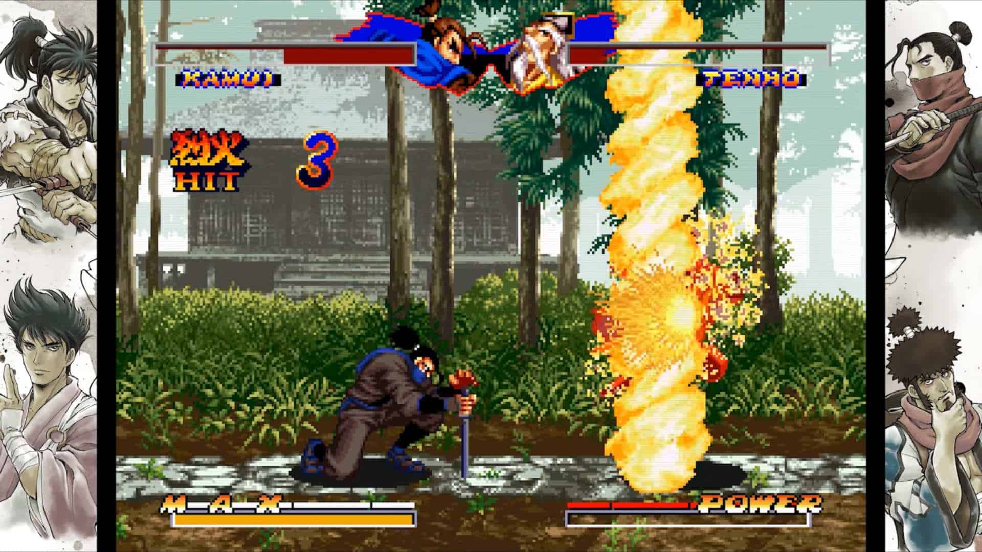 Ninja Masters Review - SNKs Forgotten Masterpiece Returns 4-53 screenshot | The Outerhaven Retro arcade fighting game scene: two fighters clash as a fiery column erupts between them, with health/meter bars at the top and a temple backdrop behind jungle foliage.