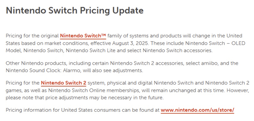 Nintendo raised pricing due to tariffs - 2025 | The Outerhaven Nintendo raised pricing due to tariffs - 2025