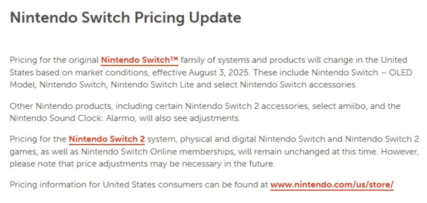 Nintendo raised pricing due to tariffs - 2025 | The Outerhaven Nintendo raised pricing due to tariffs - 2025