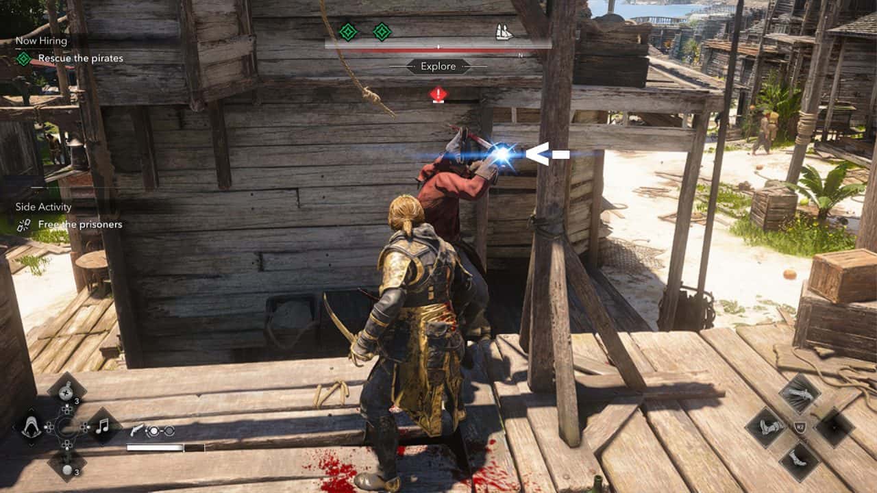 Parry | The Outerhaven Two characters fight on a weathered wooden platform in a pirate-town environment, with on-screen prompts like 'Rescue the pirates' and 'Explore' in the HUD.