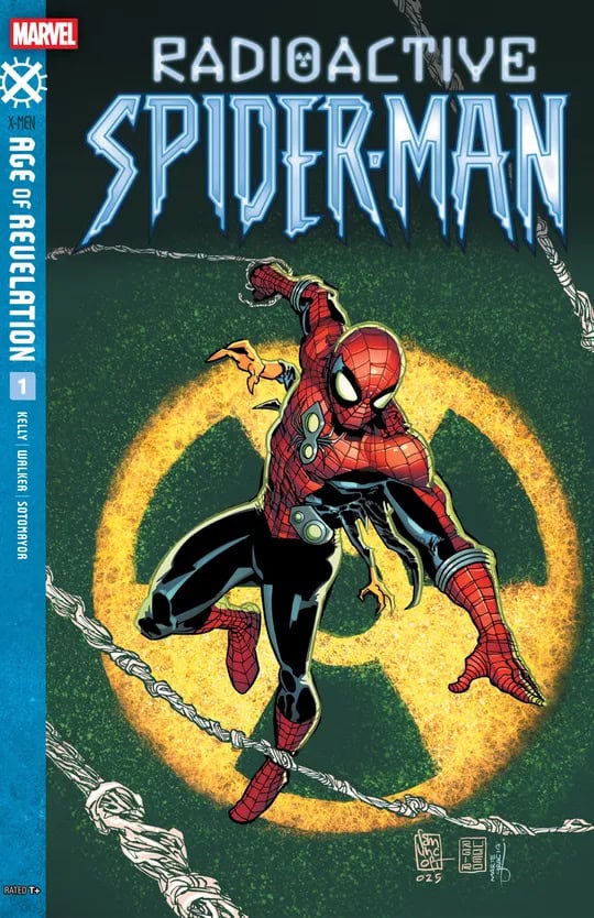 Radioactive Spider-Man 2025 | The Outerhaven Cover of Marvel's Radioactive Spider-Man issue: Spider-Man swinging on wires with a yellow circular symbol behind him, title at top.