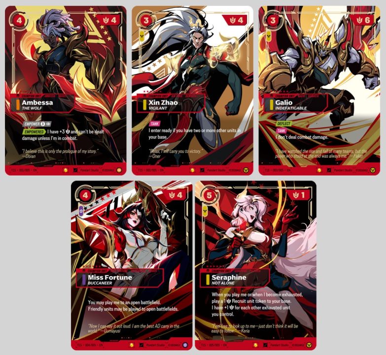 Riftbound x T1 2025 Worlds Champion Collection Cards | The Outerhaven Collection of six fantasy game cards with bold red and black borders, featuring Ambessa the Wolf, Xin Zhao Vigilant, Galio Indefatigable, Miss Fortune Buccaneer, and Seraphine Not Alone; dynamic action poses and heroic typography on each card.