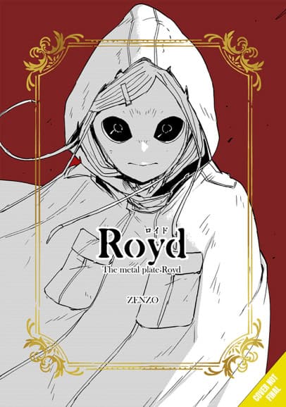 Royd | The Outerhaven Book cover for 'Royd: The metal plate Royd' featuring a hooded figure with large black eyes inside a gold ornate frame on a red background, by Zenzo.