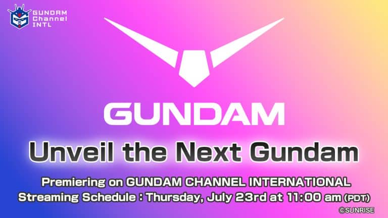 SDCC2026 | The Outerhaven GUNDAM Unveil the Next Gundam poster on a pink-to-gradient background with the logo and the date: July 23, 11:00 am PDT.