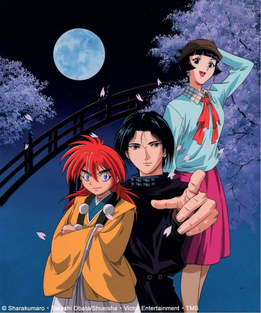 Sakon The Ventriloquist | The Outerhaven Three anime characters pose together outdoors at night under a full moon and pink cherry blossoms.