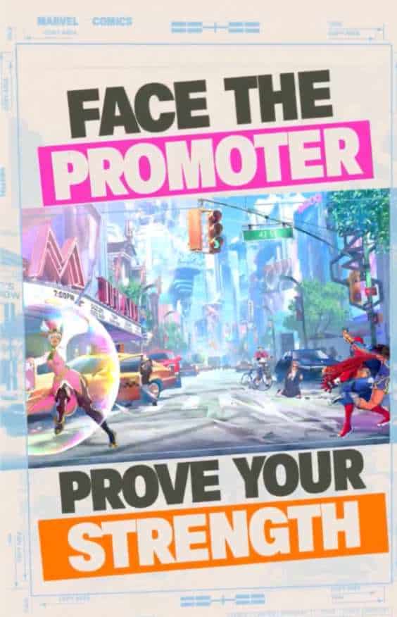 Screenshot 2026-07-11 at 85028 PM | The Outerhaven Poster-style scene with bold text reading 'Face the Promoter' and 'Prove Your Strength' over an urban street featuring costumed characters in action, suggesting a superhero challenge or game promotion.