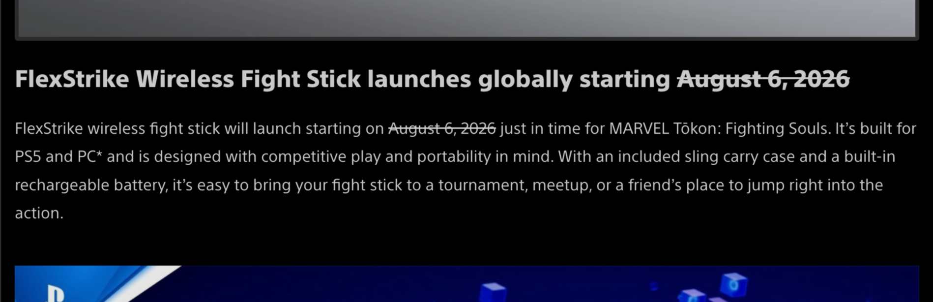 Screenshot 2026-07-14 at 103249 PM | The Outerhaven News banner announcing the FlexStrike Wireless Fight Stick global launch starting August 6, 2026, with a description of features and portability.