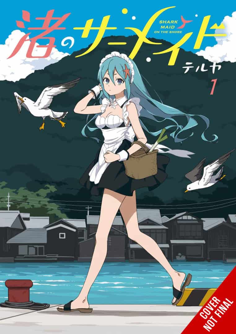 Sharkmaid of the Shore V1 | The Outerhaven Anime maid with turquoise hair walks along a quay beside the sea, seagulls in flight and a coastal town in the background; manga cover style.