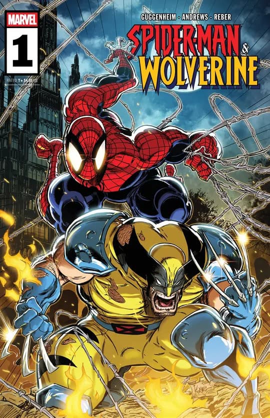 Spider-Man Wolverine 2025 | The Outerhaven Comic book cover: Spider-Man and Wolverine battling amid shattered wires and flames; title Spider-Man & Wolverine at top, Marvel logo left.