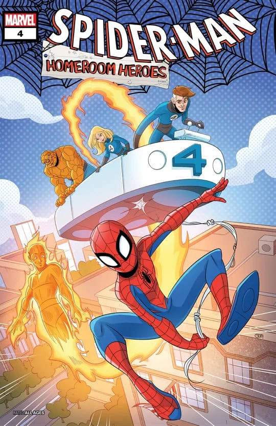 Spider-Man_ Homeroom Heroes 2024- | The Outerhaven Cover of Marvel's Spider-Man: Homeroom Heroes #4, featuring Spider-Man swinging above a city with a numbered transport labeled '4' and teammates in the blue sky.