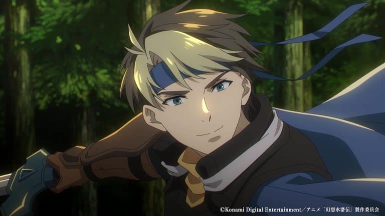 Suikoden_ The Anime 03 | The Outerhaven Anime-style swordsman with blue headband standing in a forest, ready for action with a drawn blade at his side.