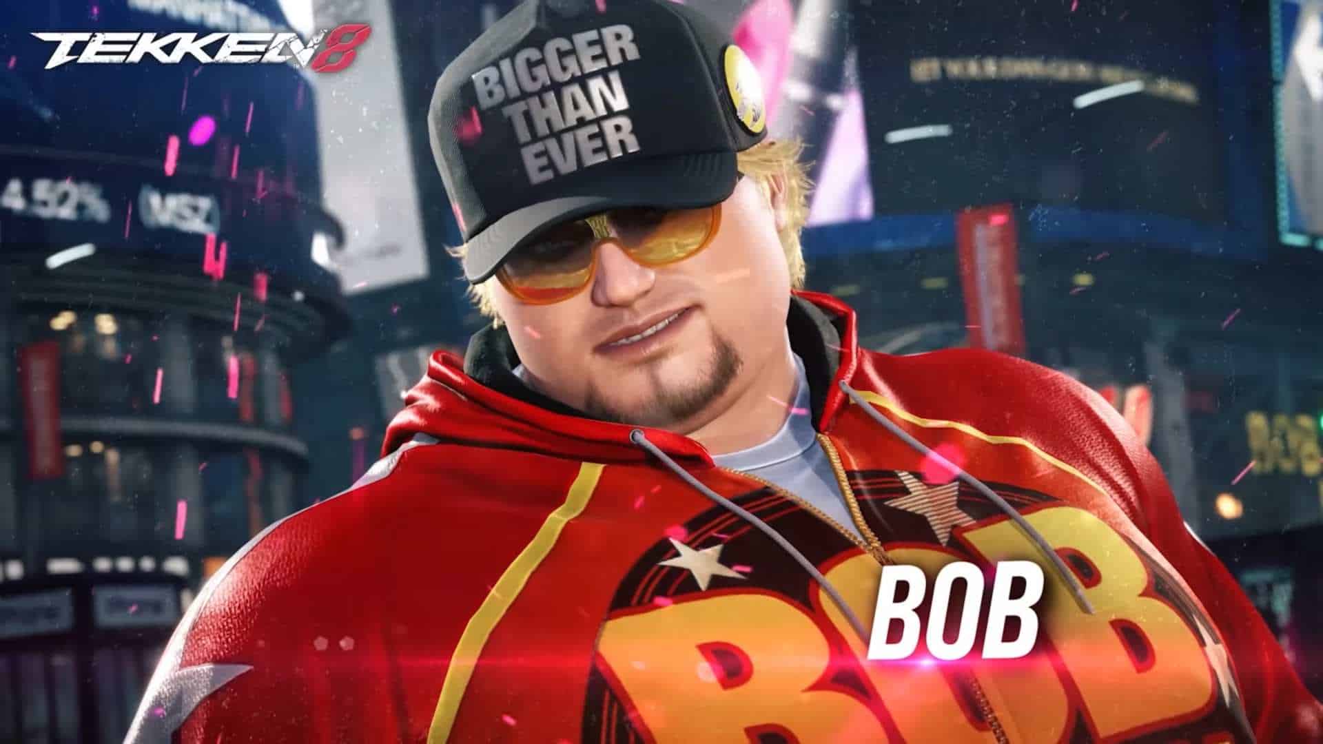TEKKEN 8 Bob Gameplay Reveal Trailer 0-47 screenshot | The Outerhaven Man in a red jacket and black cap with 'BIGGER THAN EVER' logo, orange sunglasses, in a festive stadium background with confetti.