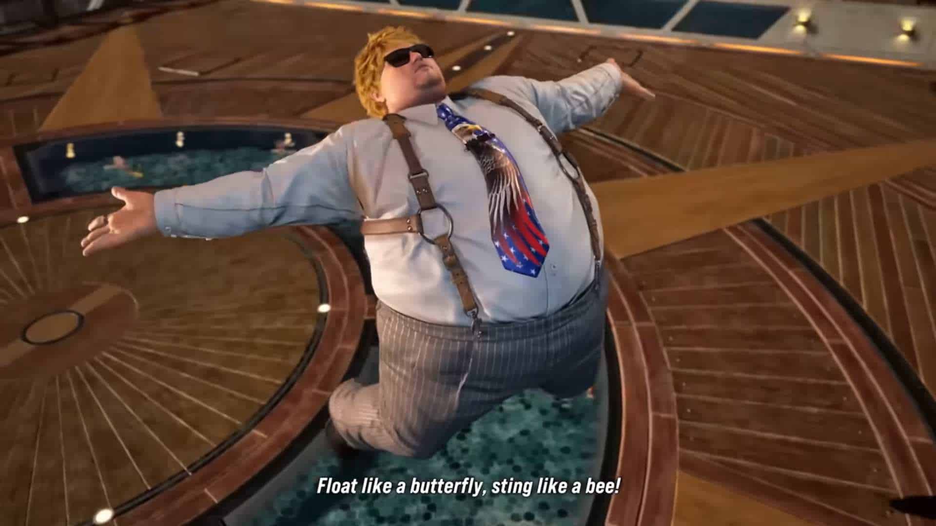 TEKKEN 8 Bob Gameplay Reveal Trailer 1-44 screenshot | The Outerhaven Large man in suspenders and sunglasses stands with arms outstretched on a circular wooden ride platform above water. Caption reads: 'Float like a butterfly, sting like a bee!'