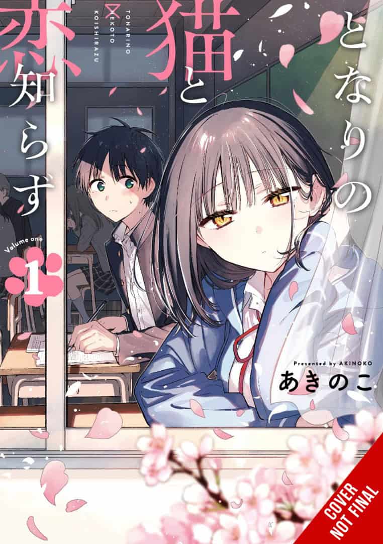 The Deskmate Cat and the Love Novice | The Outerhaven Manga cover: a girl with light brown hair in a school uniform leans on a classroom window as pink cherry blossoms drift; a dark-haired male student sits at his desk in the background (Volume 1).