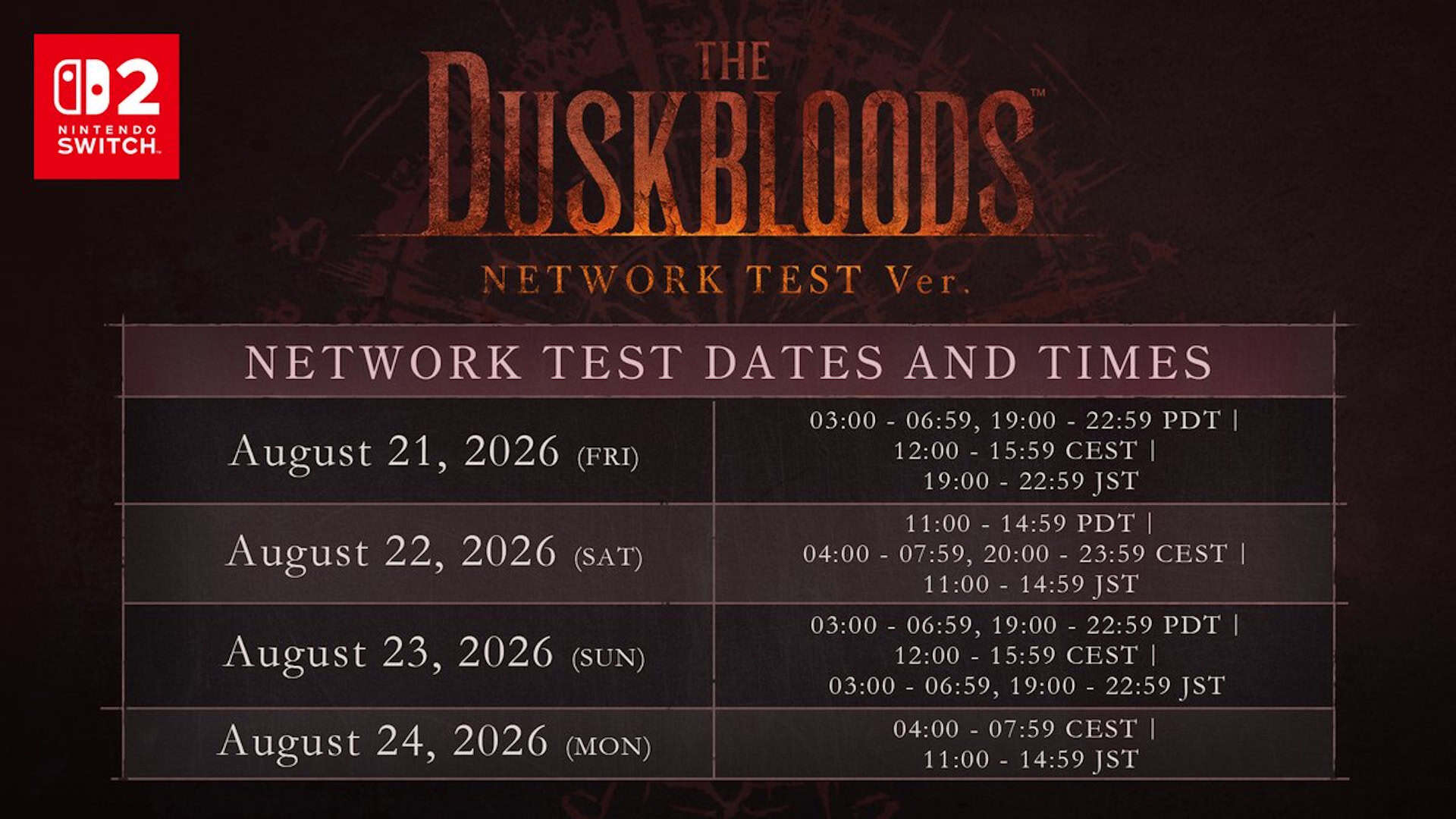 The Duskbloods Network Test Schedule | The Outerhaven The Duskbloods Network Test Schedule