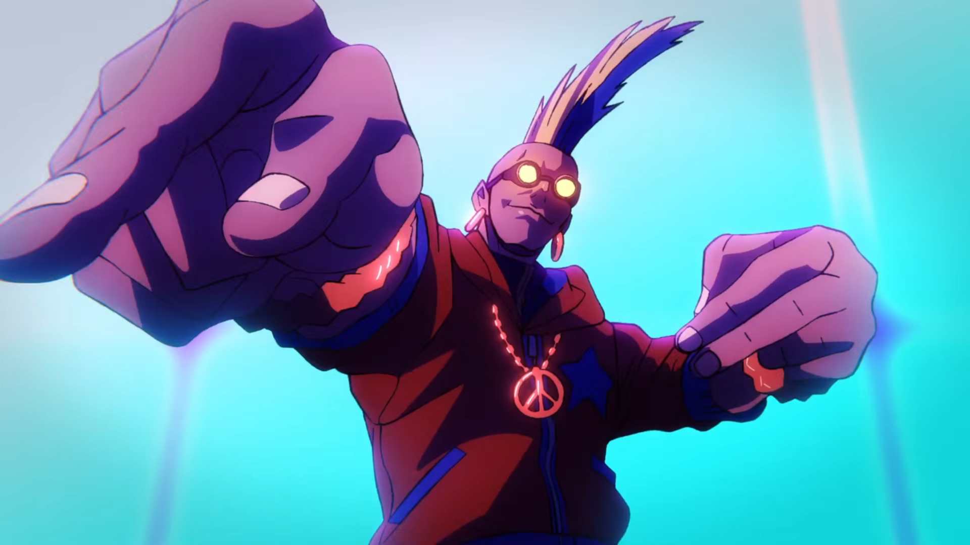 Dynamic anime-style character with a mohawk and glowing goggles lunges toward the viewer, wearing an orange outfit and peace pendant.