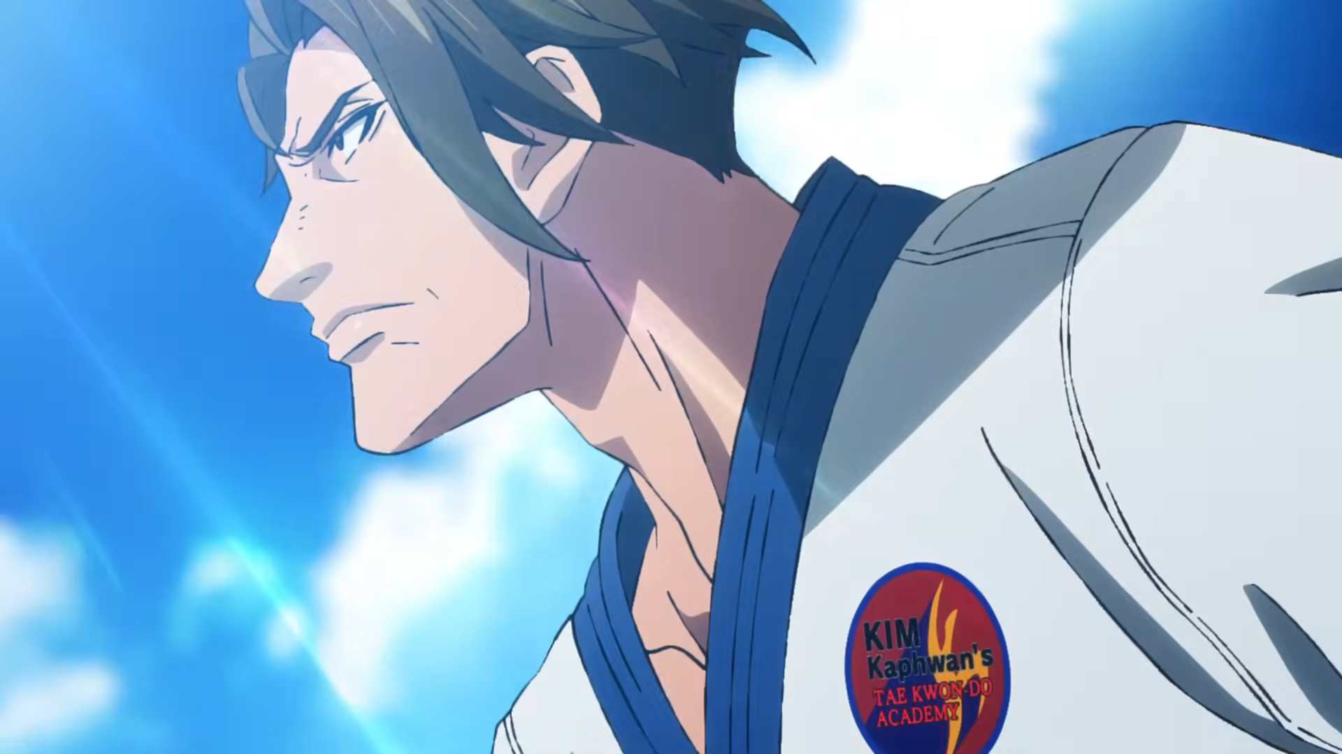 The Saga Continues📖 1-16 screenshot | The Outerhaven Male martial artist in a white gi with a blue belt, shown in profile against a blue sky; patch on chest reads 'Kim Taekwwan's Academy' (fictional).