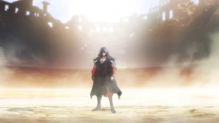 The Saga Continues📖 1-22 screenshot | The Outerhaven Lone armored figure with purple hair stands in a smoky, sunlit battle arena amidst ruins.